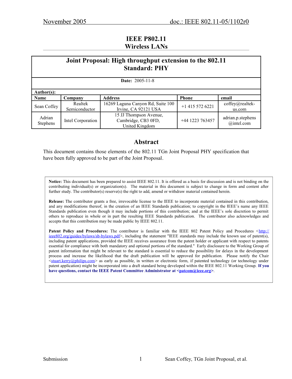 Joint Proposal PHY Specification