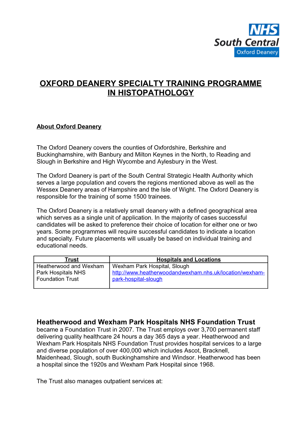 Oxford Deanery Specialty Training Programme in Histopathology