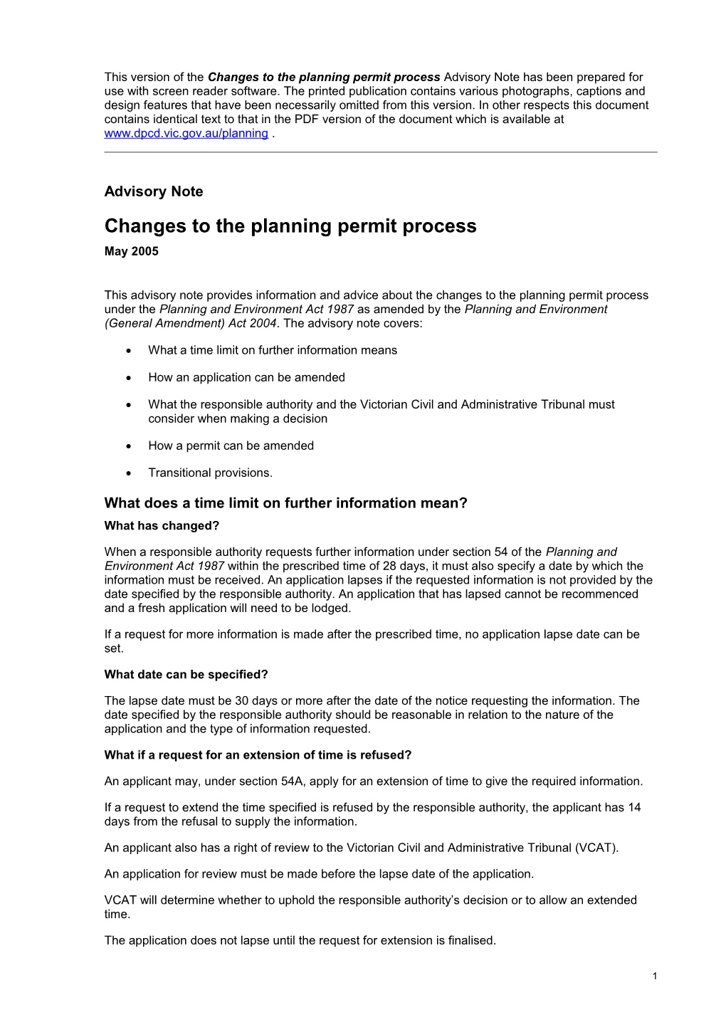 Changes to the Planning Permit Process Advisory Note
