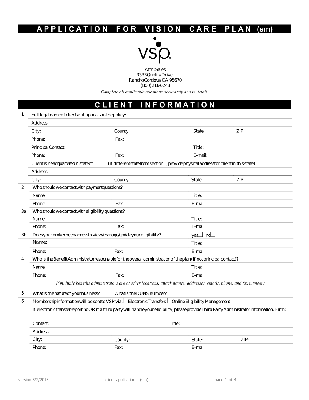 Application for Vision Care Plan