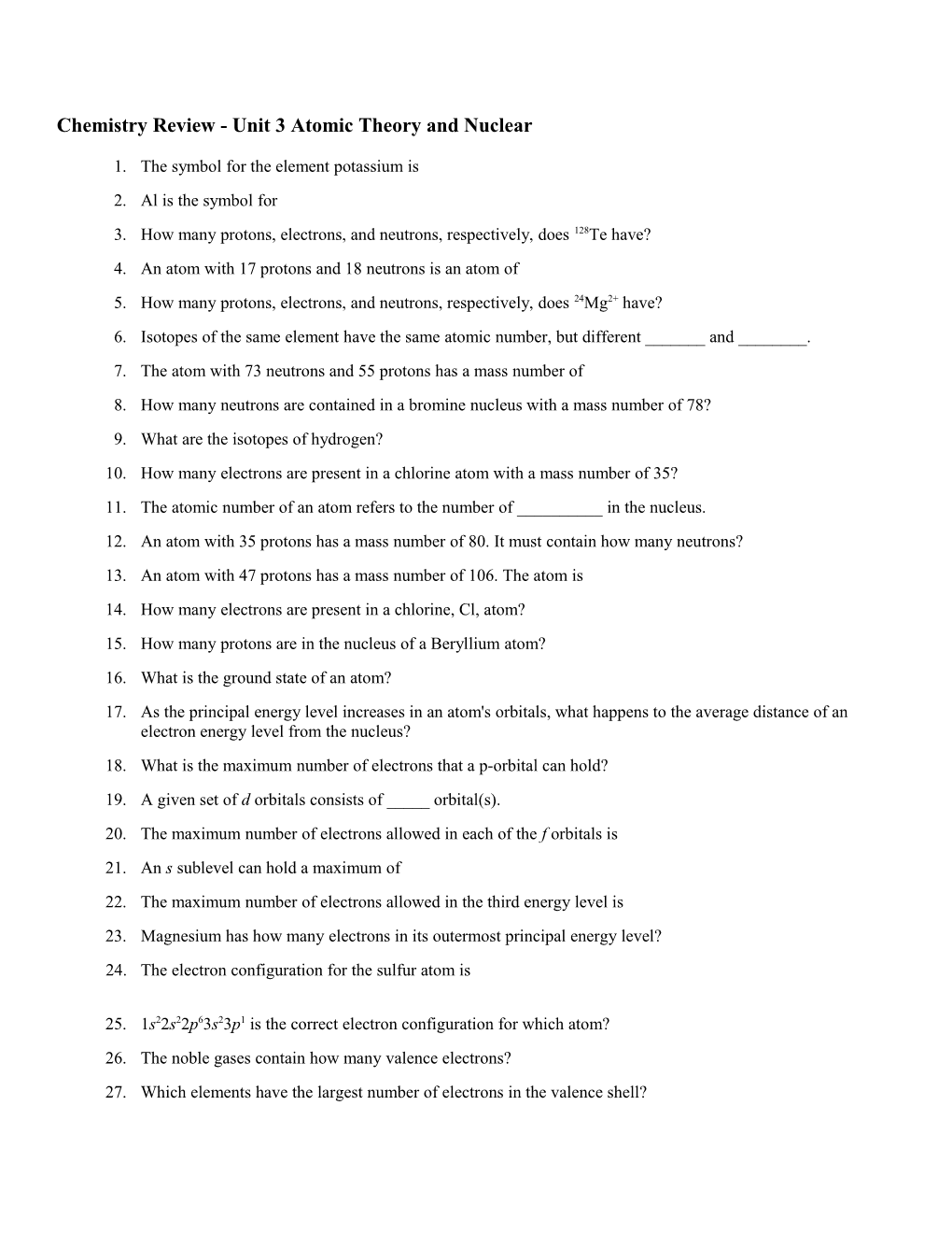 Chemistry Review - Unit 3 Atomic Theory and Nuclear