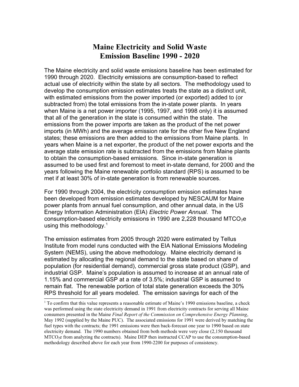 Maine Emission Baseline and Estimated Reductions