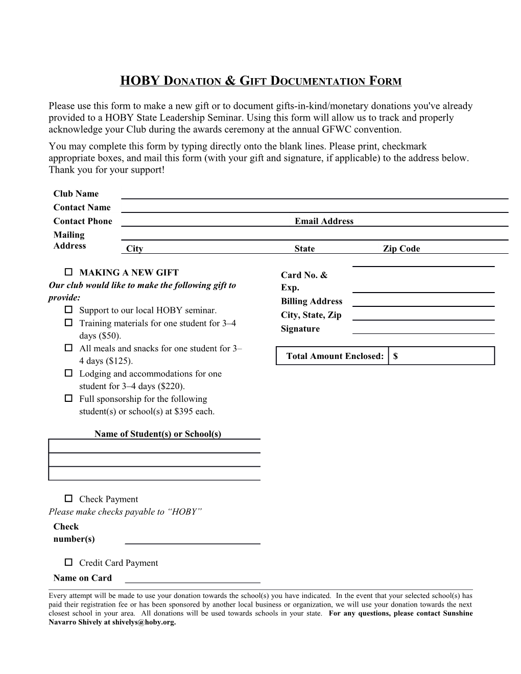 HOBY Donation& Gift Documentation Form