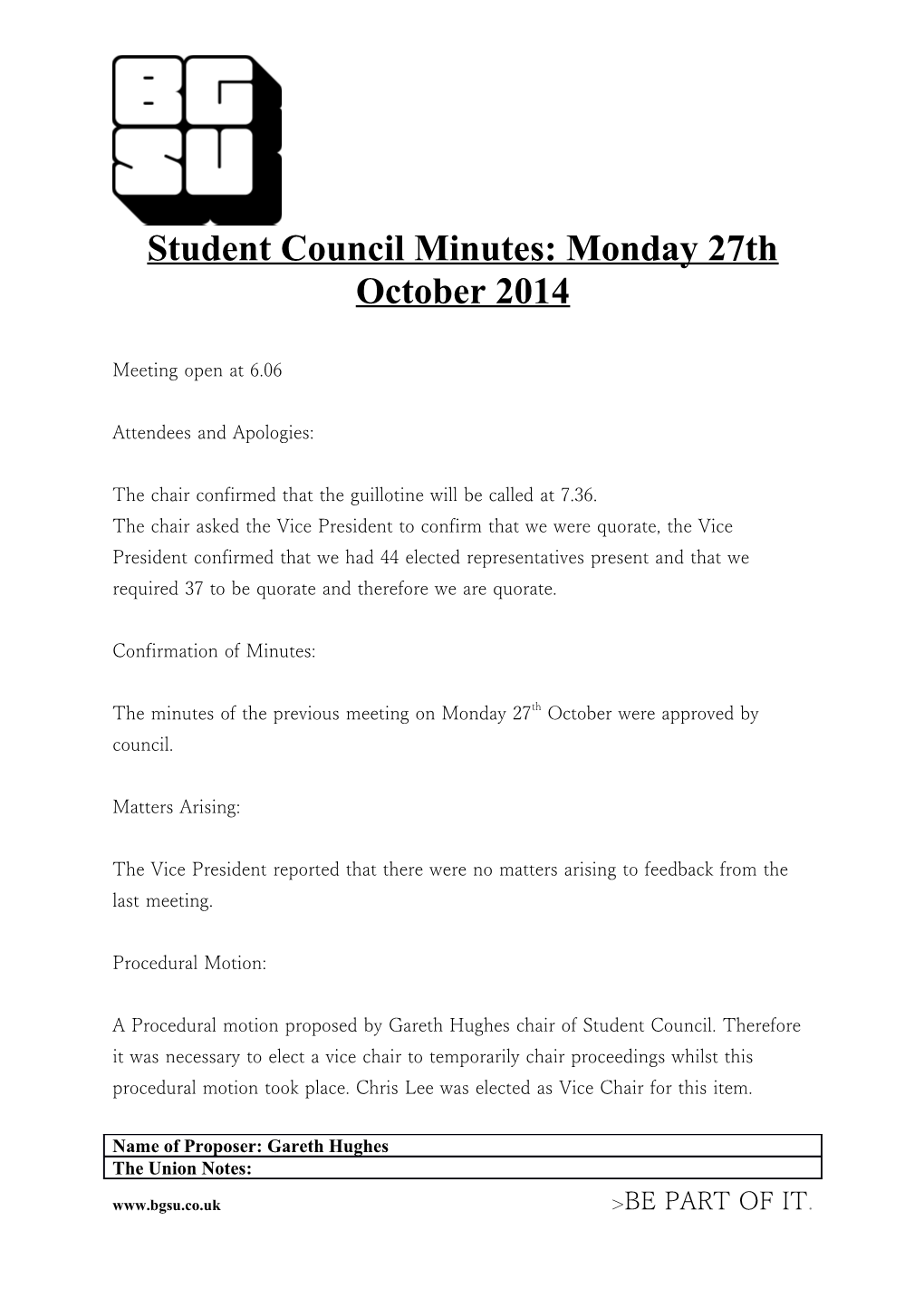 Student Council Minutes: Monday 27Th October 2014