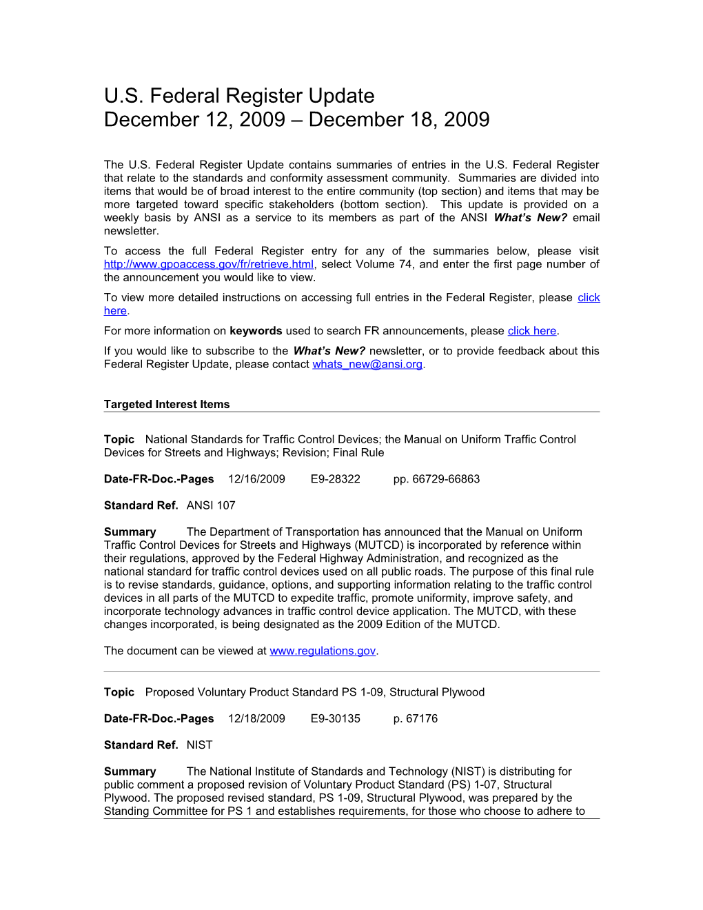 Standards and Trade Related Notices from the U.S. Federal Register, 12.18.09