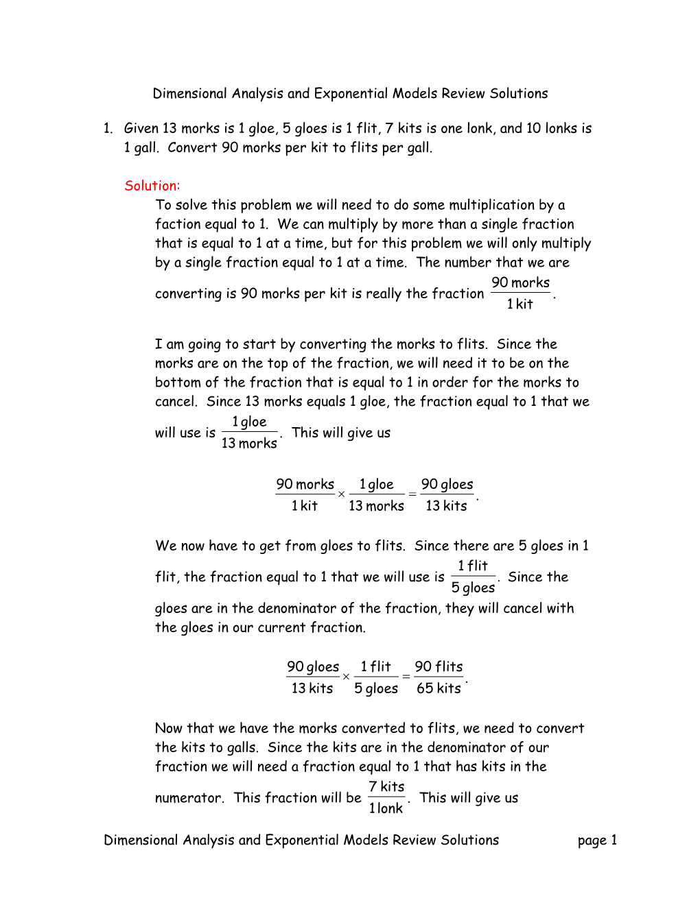 Dimensional Analysis and Exponential Models Review Solutions