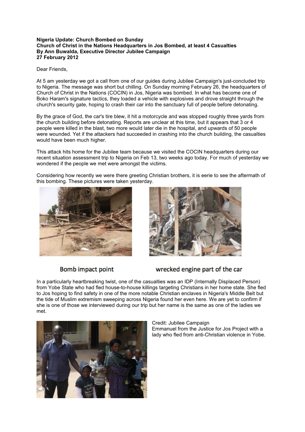 Nigeria Update: Church Bombed on Sunday
