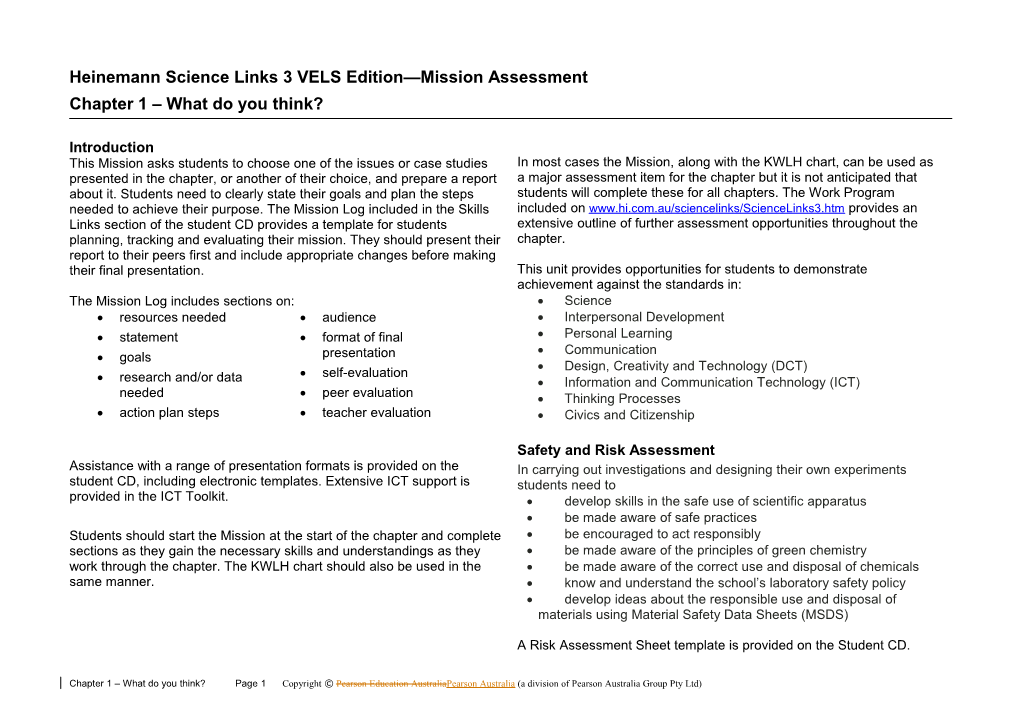 Heinemann Science Links 3 VELS Edition Mission Assessment