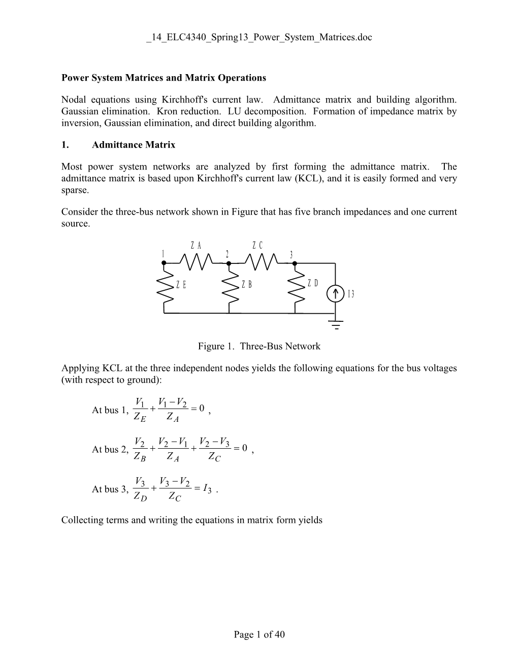 Power System Matrices and Matrix Operations