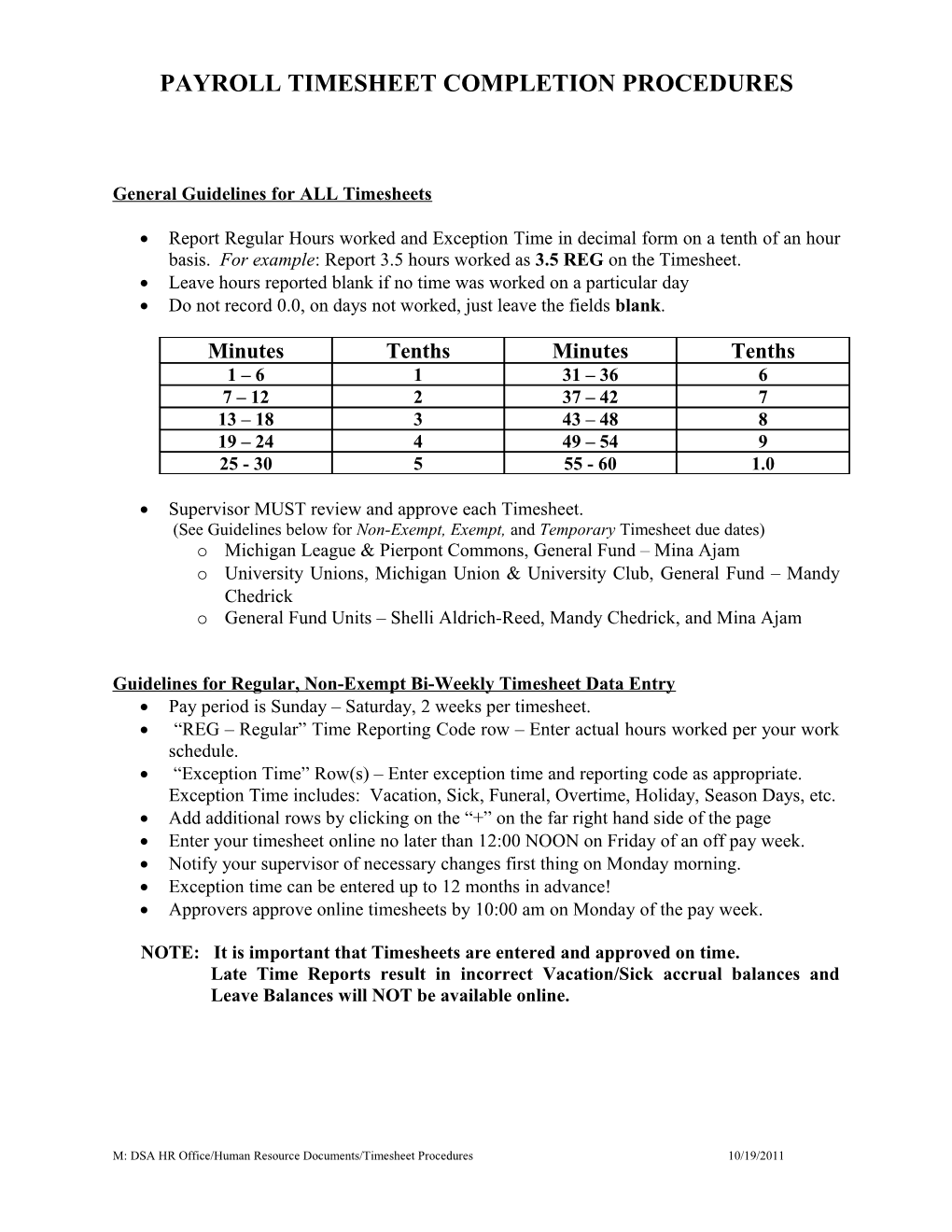 Timesheet Completion Procedures