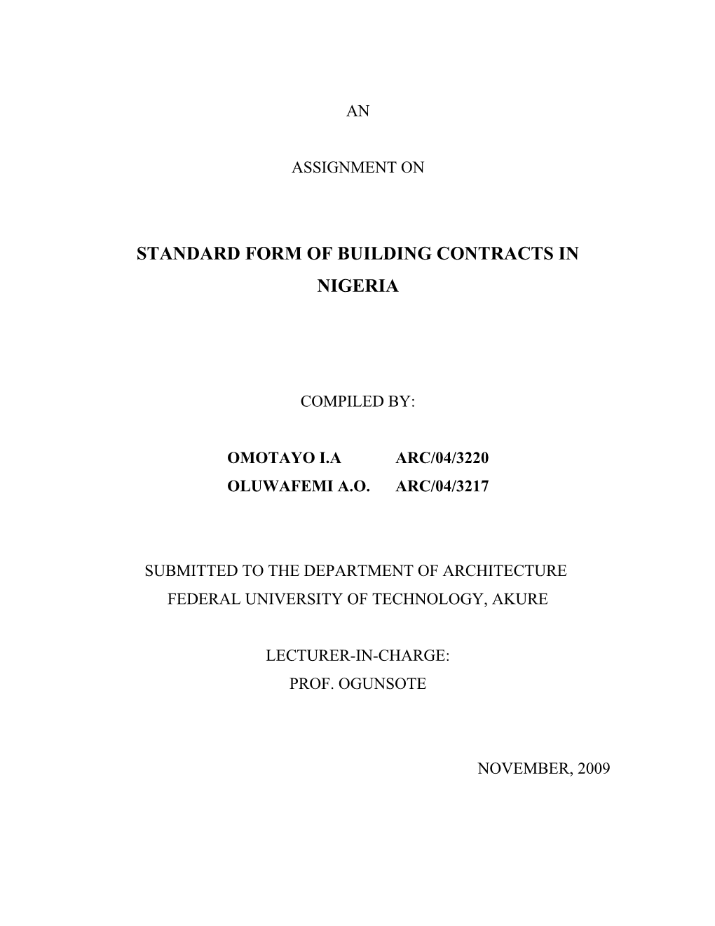 Standard Form of Building Contracts in Nigeria