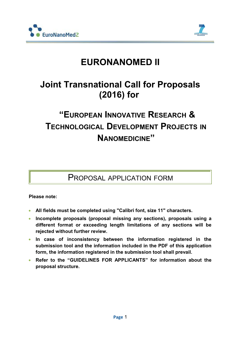 Joint Transnational Call for Proposals (2016) For