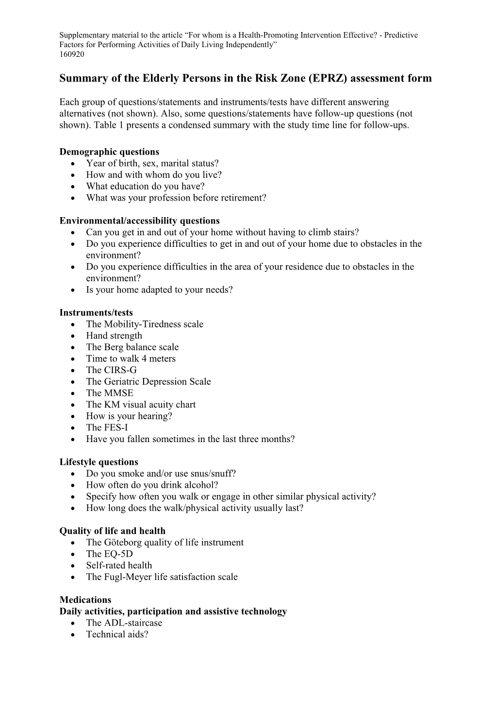 Summary of the Elderly Persons in the Risk Zone (EPRZ) Assessment Form