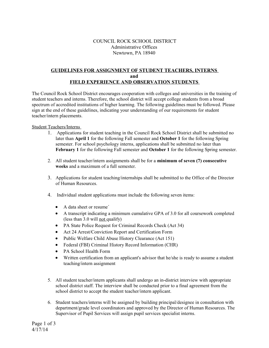 Guidelines for Assignment of Student Teachers, Interns