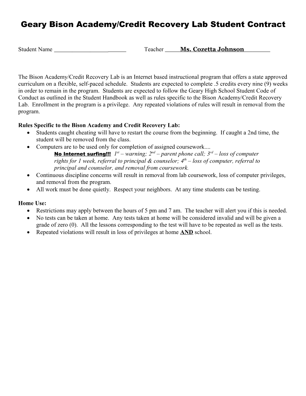 Geary Bison Academy and Credit Recovery Lab Student Contract