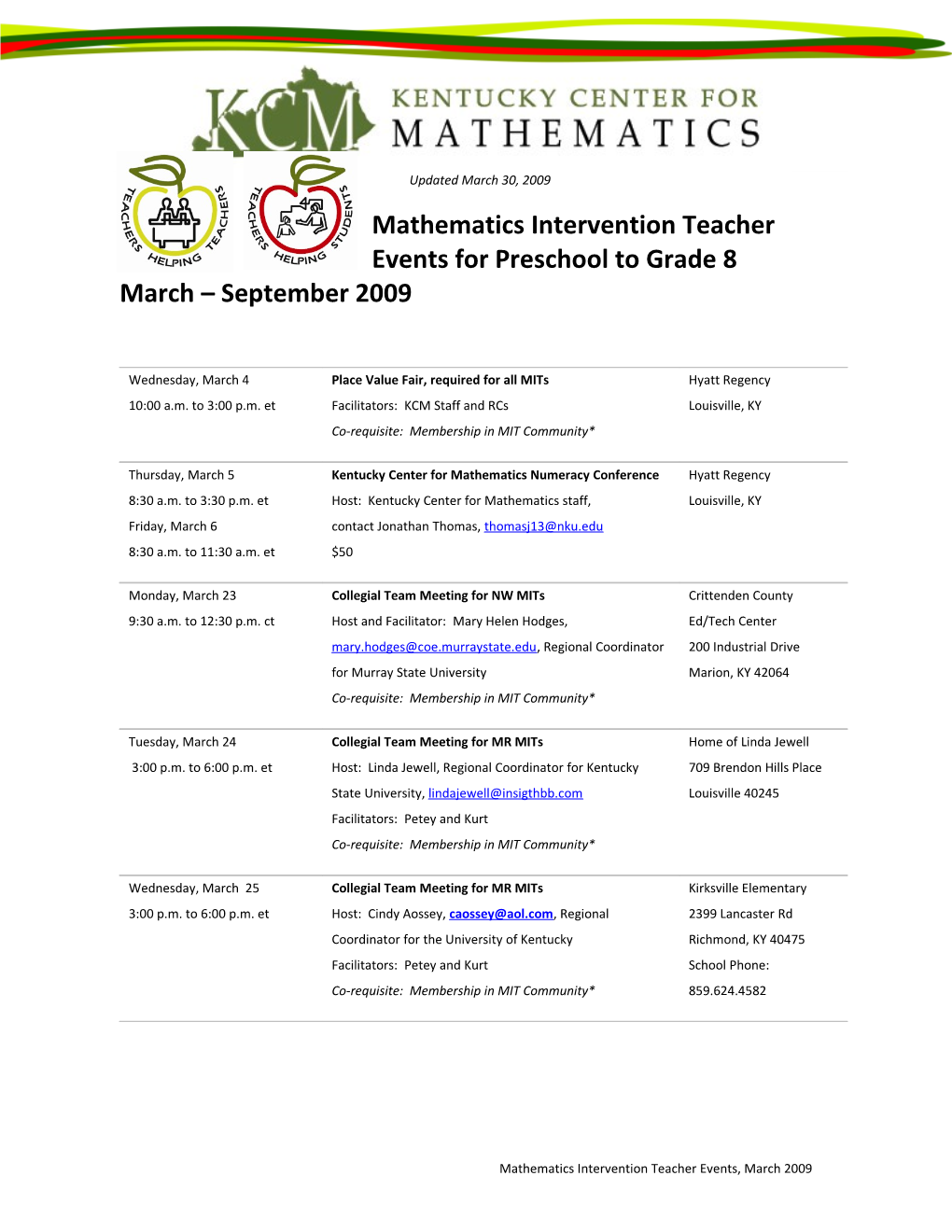 Mathematics Intervention Teacher Events, March 2009