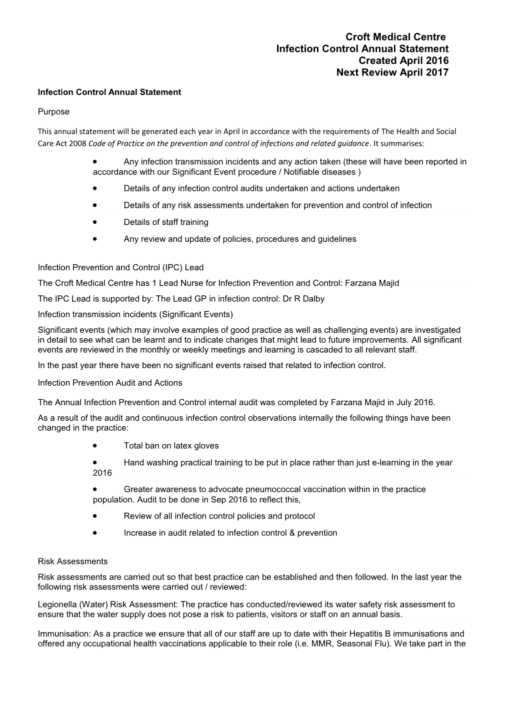 Infection Control Annual Statement