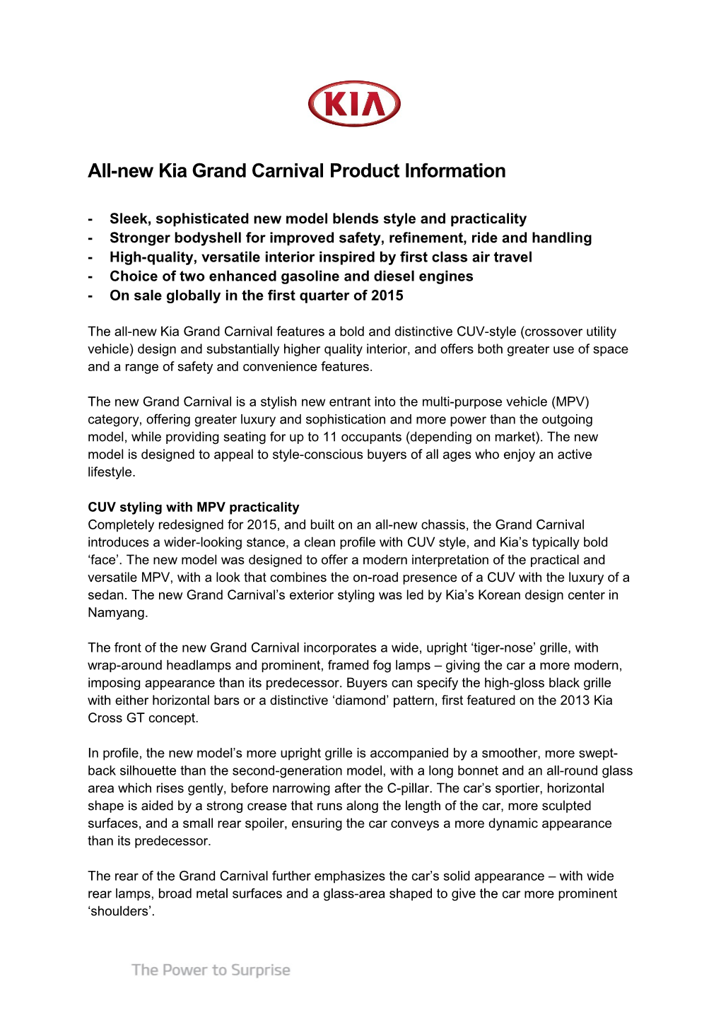 All-New Kia Grand Carnival Product Information