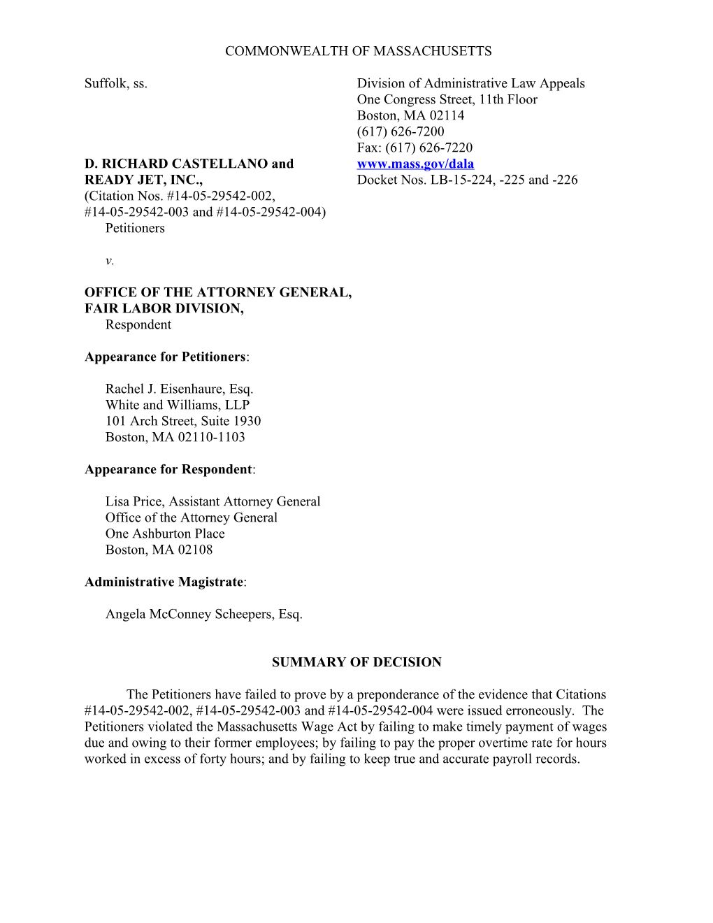 Castellano and Ready Jet, Inc. V. OAG-FLDLB-15-224, -225 and -226
