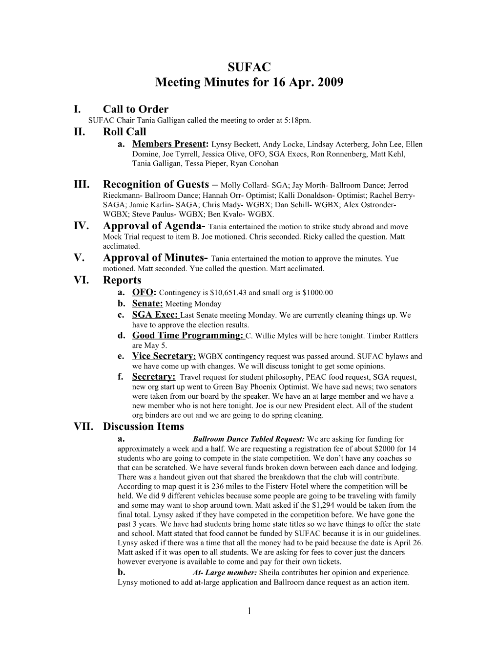 Meeting Minutes for 16 Apr. 2009