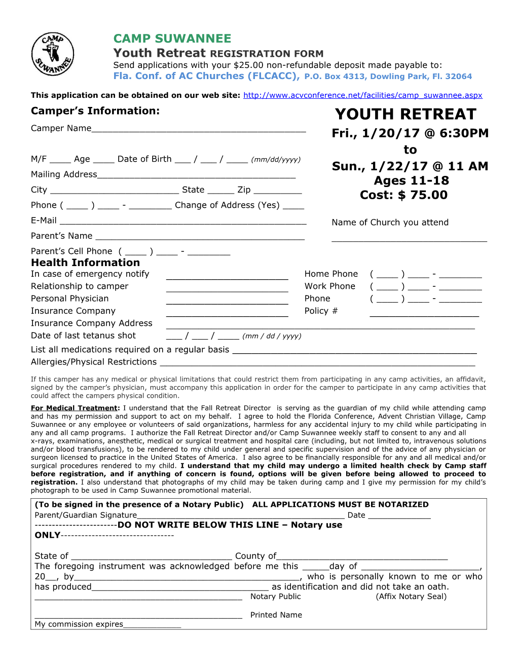 Camp Suwannee Registration Form