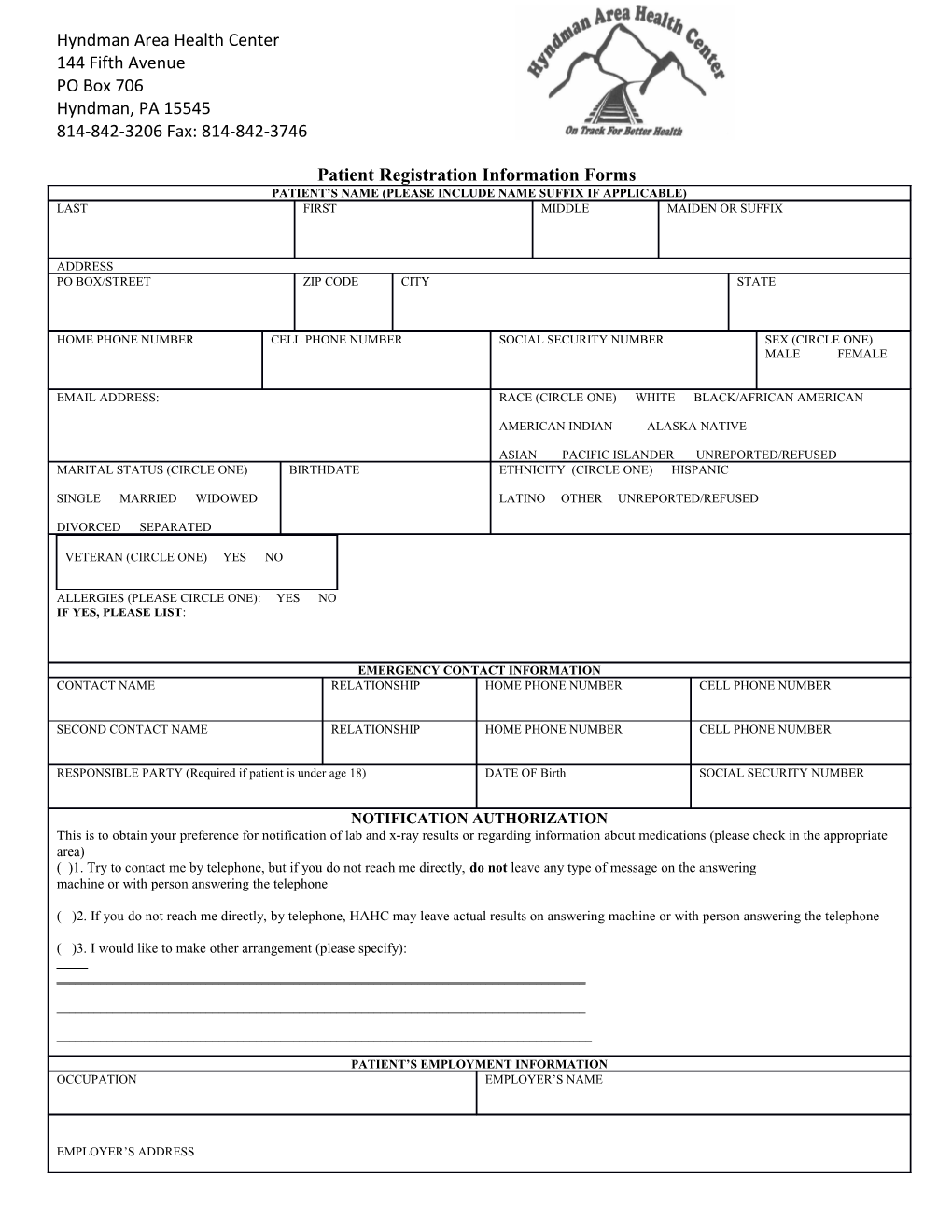 Patient Registration Information Forms