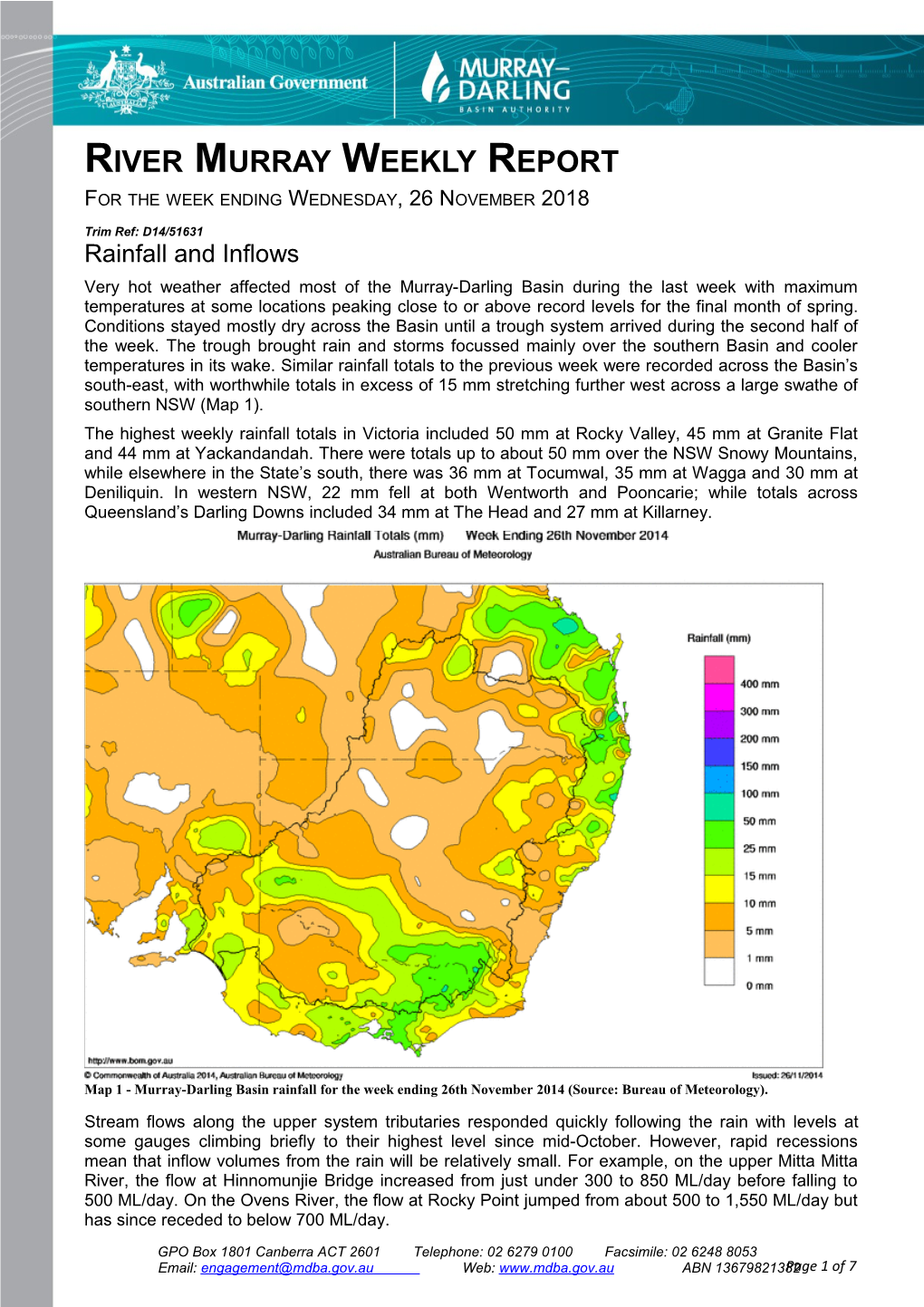 River Murray Operations Weekly Report 26Th November 2014