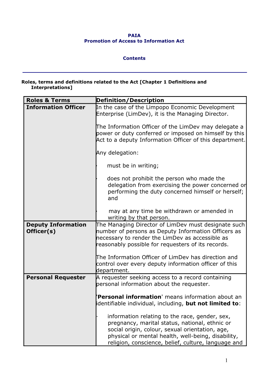 Roles, Terms and Definitions Related to the Act Chapter 1 Definitions and Interpretations