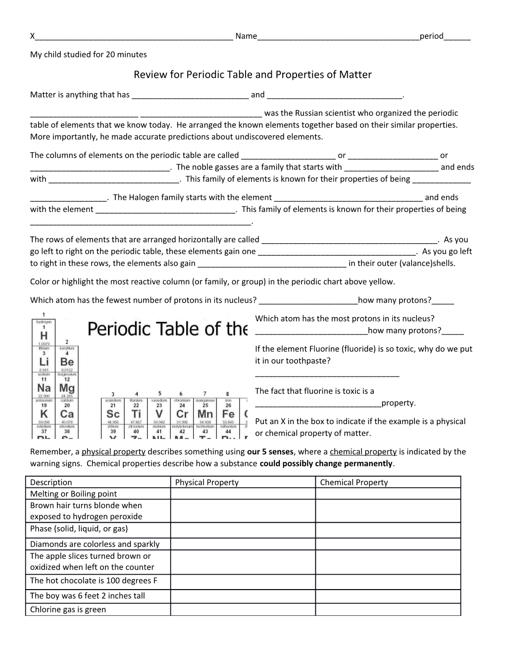 Review for Periodic Table and Properties of Matter