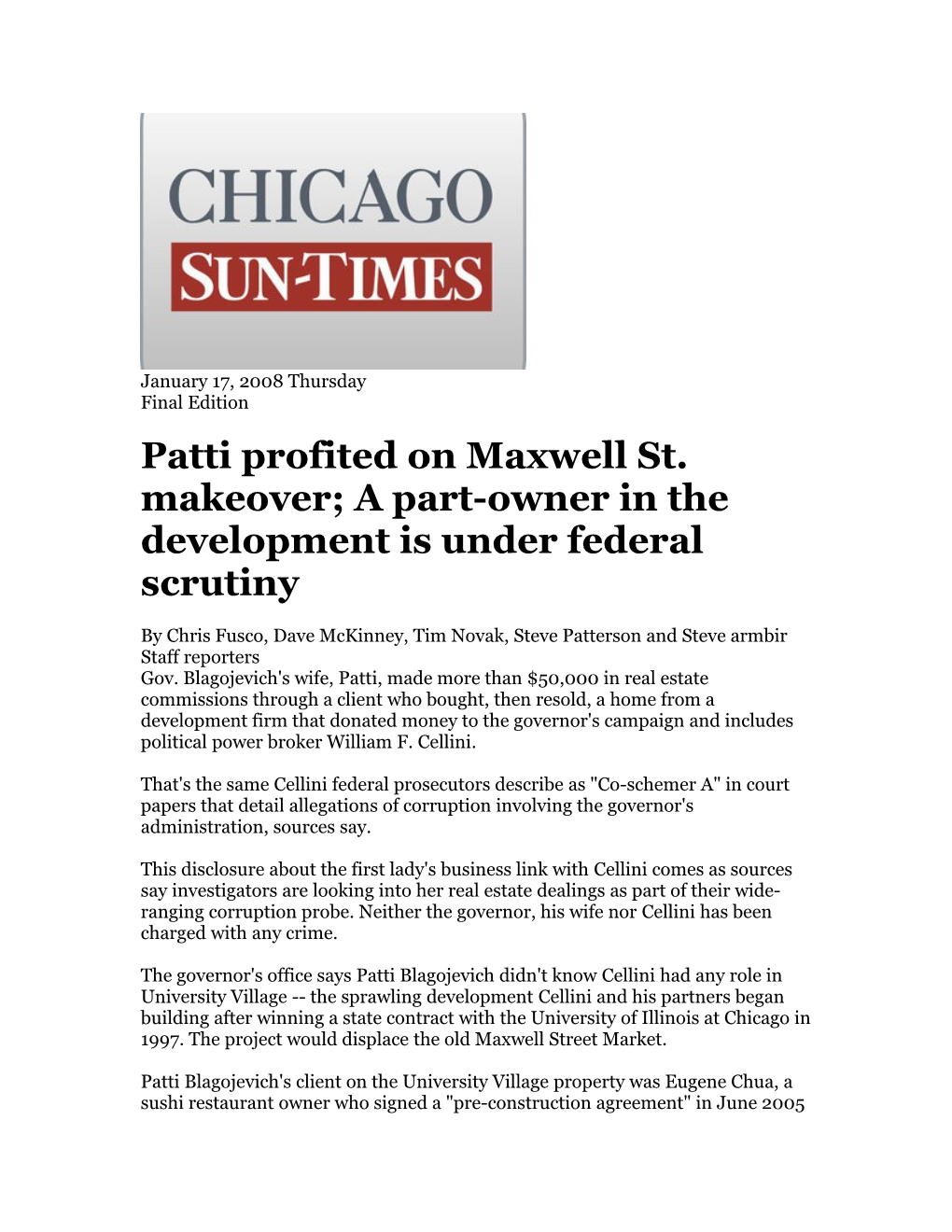 Patti Profited on Maxwell St. Makeover; a Part-Owner in the Development Is Under Federal