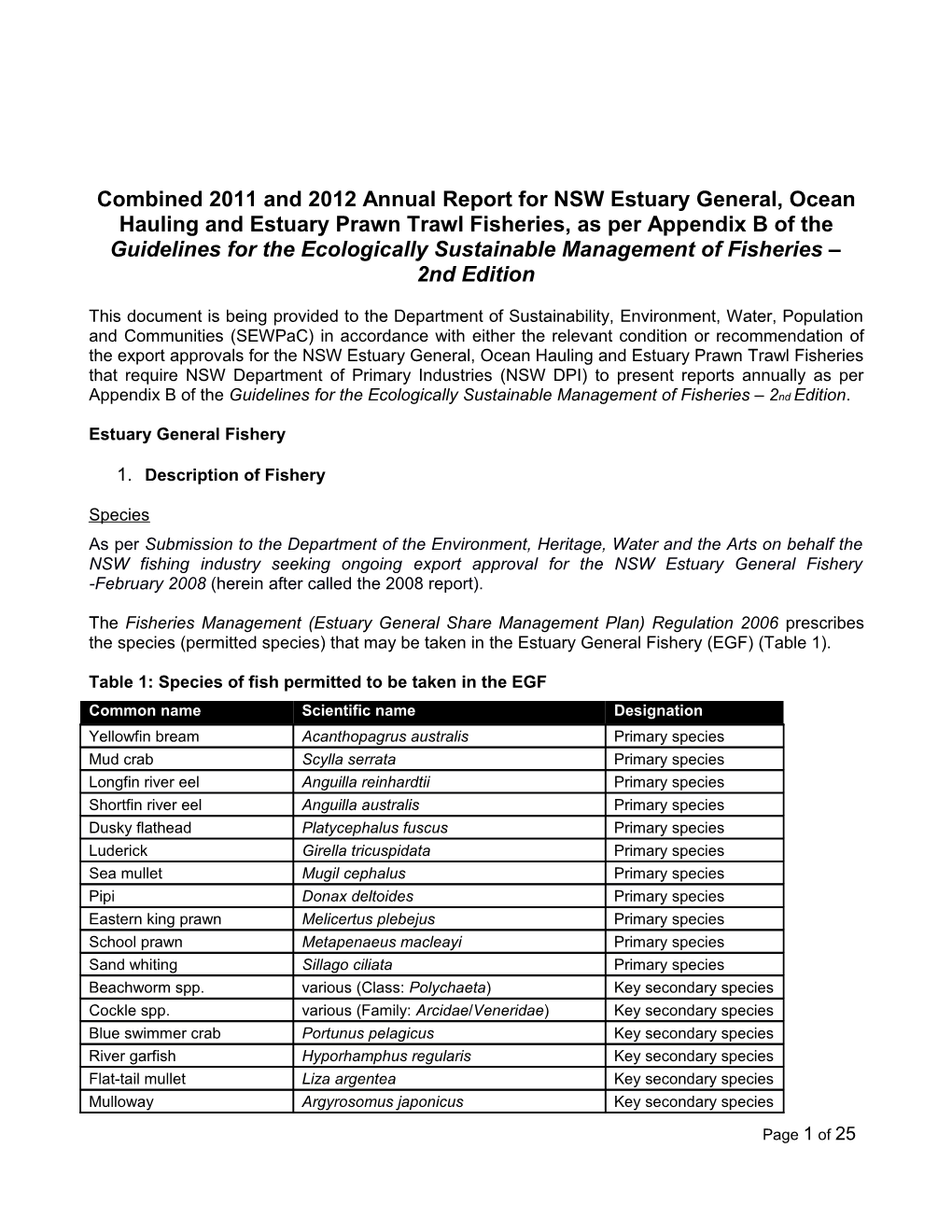 2012 Annual Report for NSW Ocean Trap and Line Fishery As Per Appendix B of the Guidelines