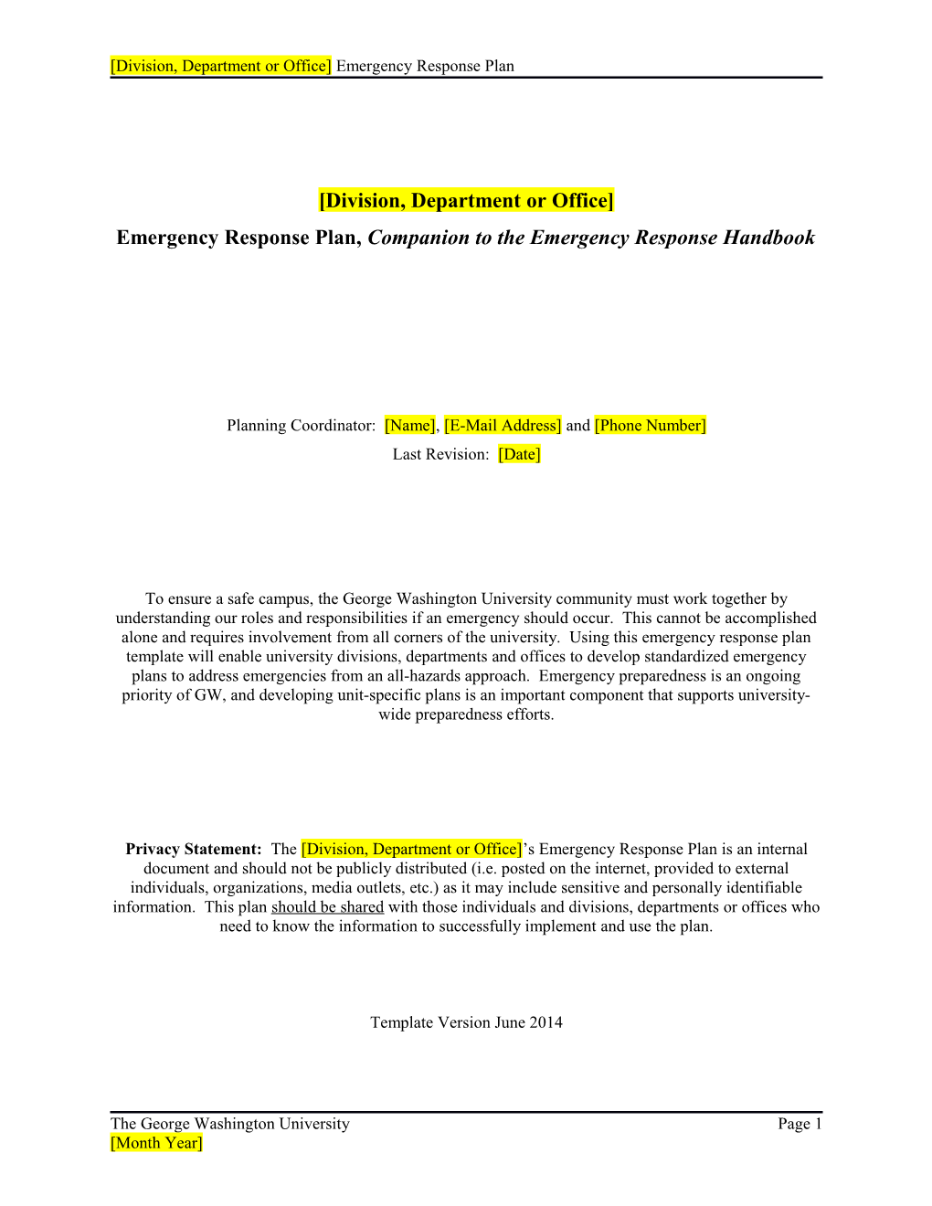 Division, Department Or Office Emergency Response Plan