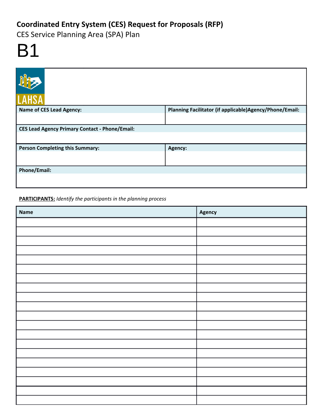 Coordinated Entry System (CES) Request for Proposals (RFP) CES Service Planning Area (SPA) Plan