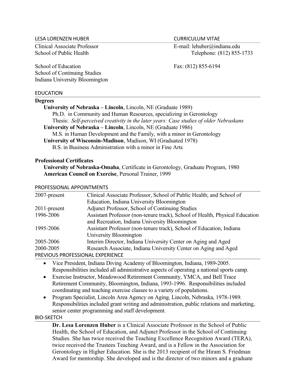 Lesa Lorenzen Huber Curriculum Vitae