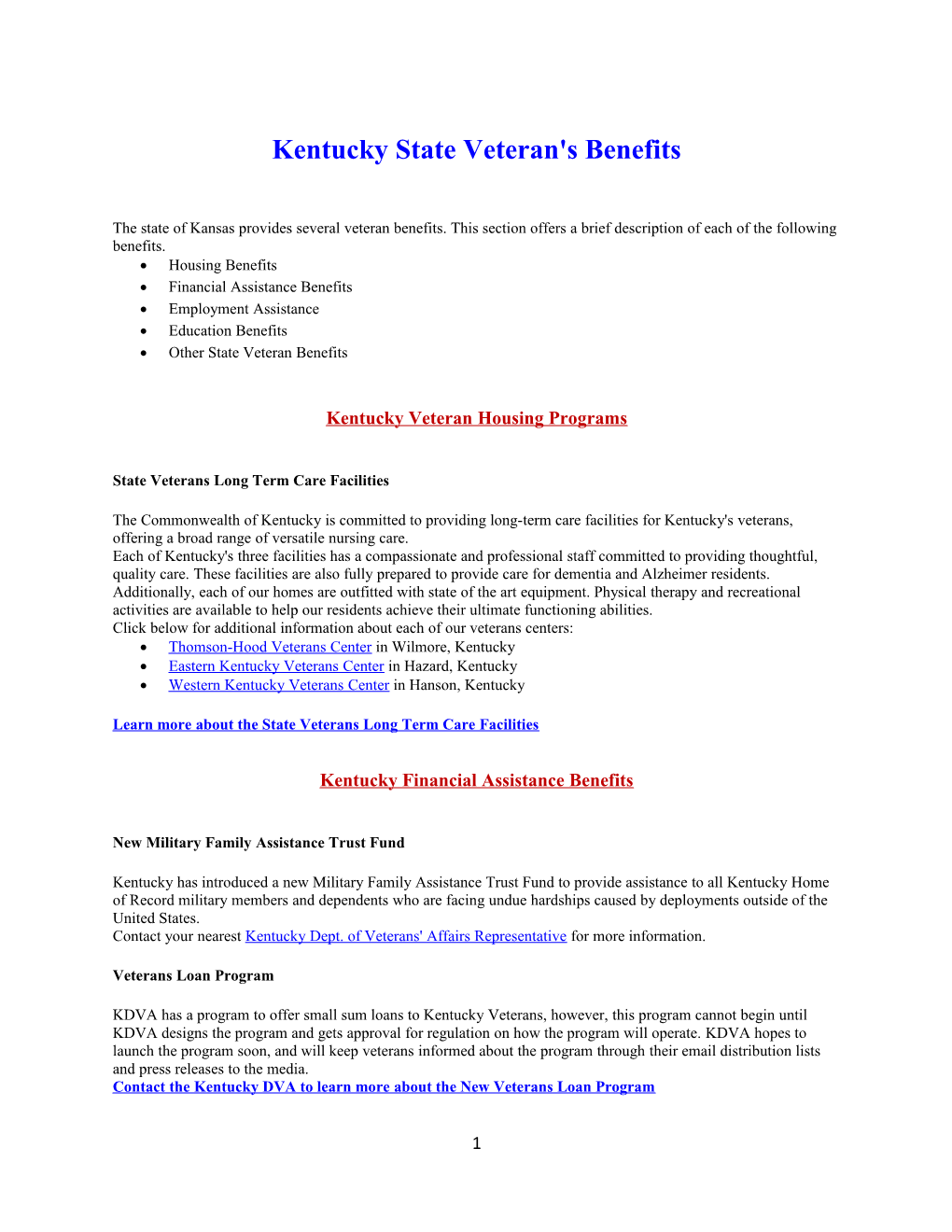 Kentucky State Veteran's Benefits