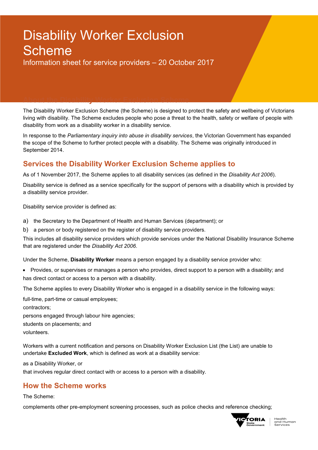 Disability Worker Exclusion Scheme - Information Sheet for Disability Workers