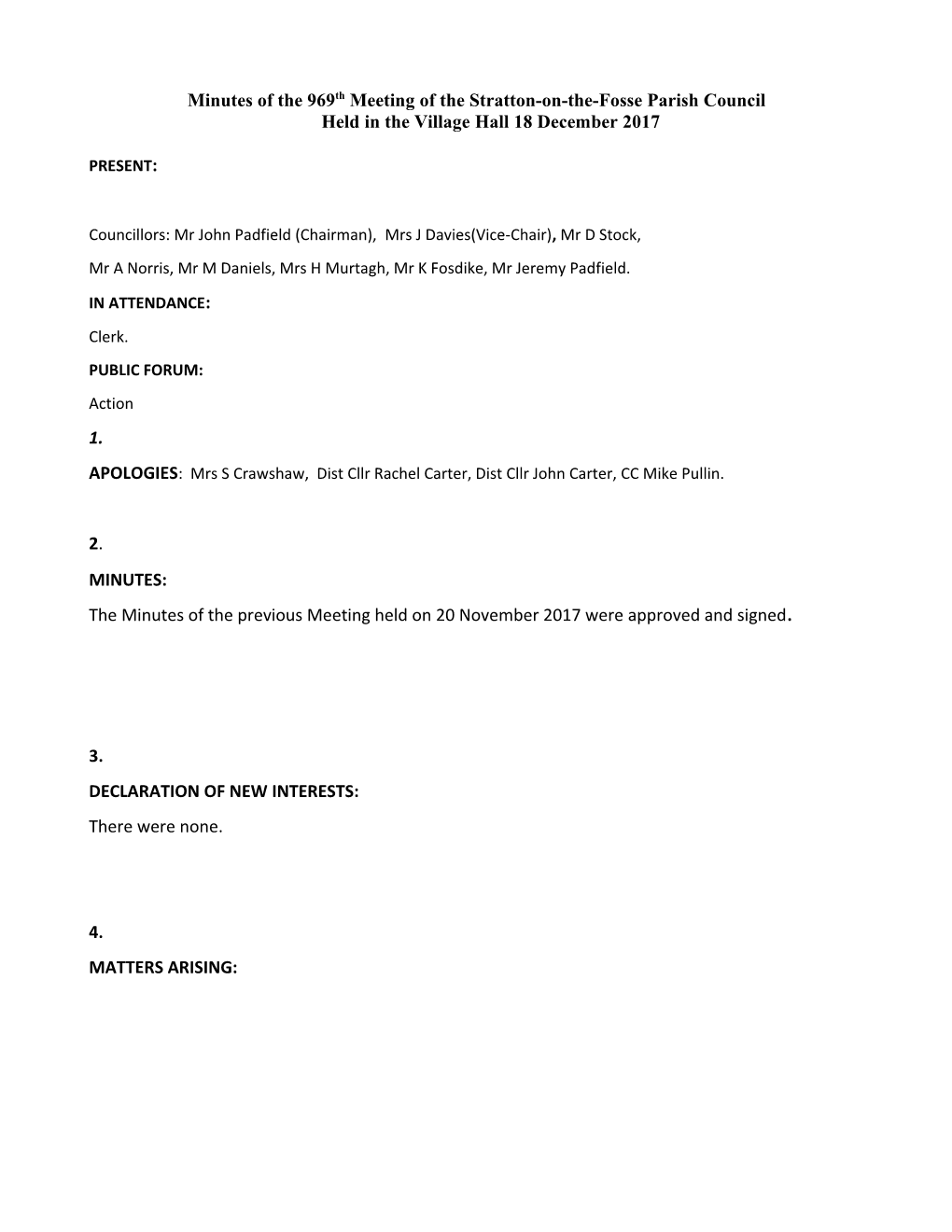 Minutes of the 969Th Meeting of the Stratton-On-The-Fosse Parish Council