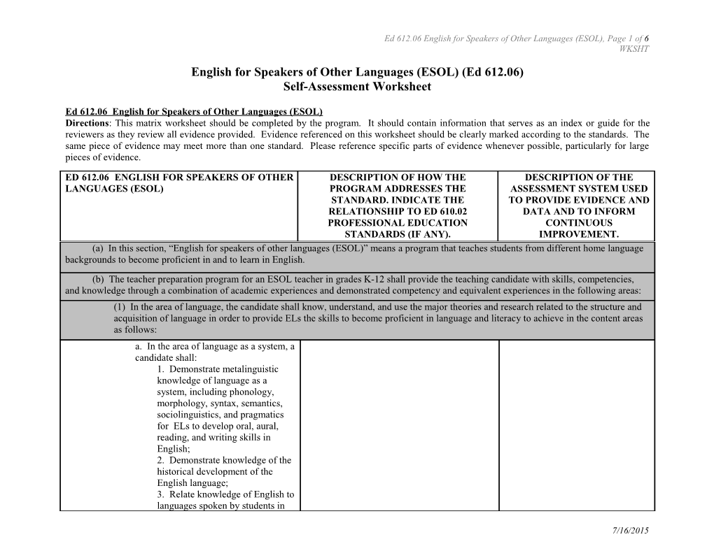 English for Speakers of Other Languages (ESOL)(Ed 612.06)