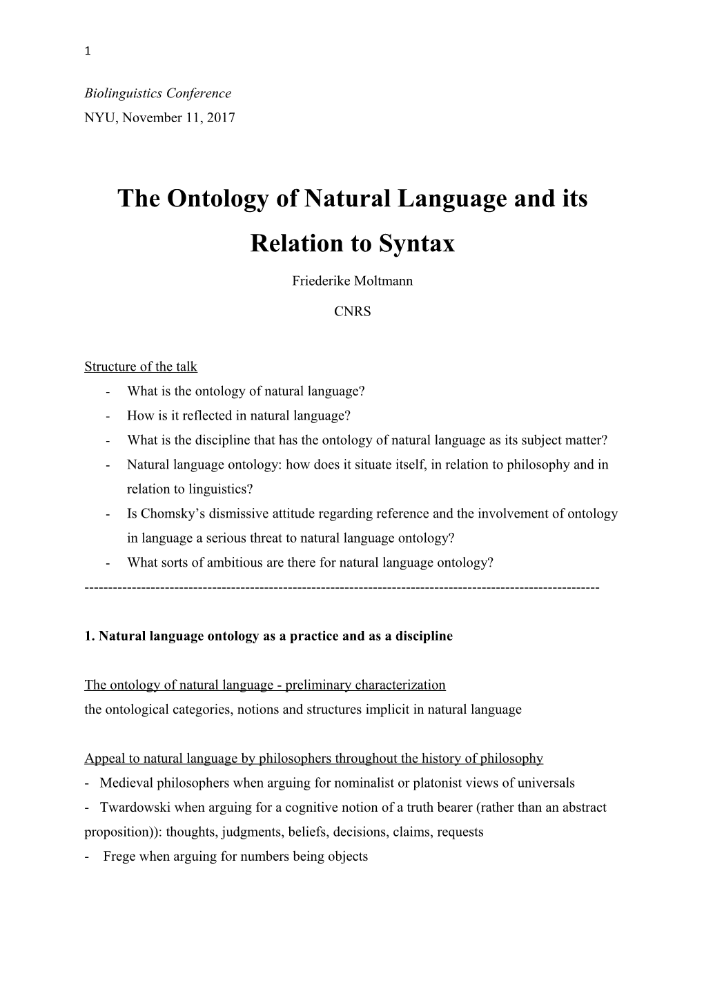 The Ontologyof Natural Language and Its Relation to Syntax