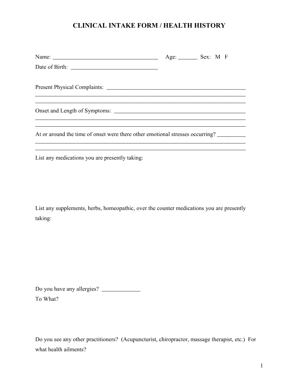 Clinical Intake Form / Health History