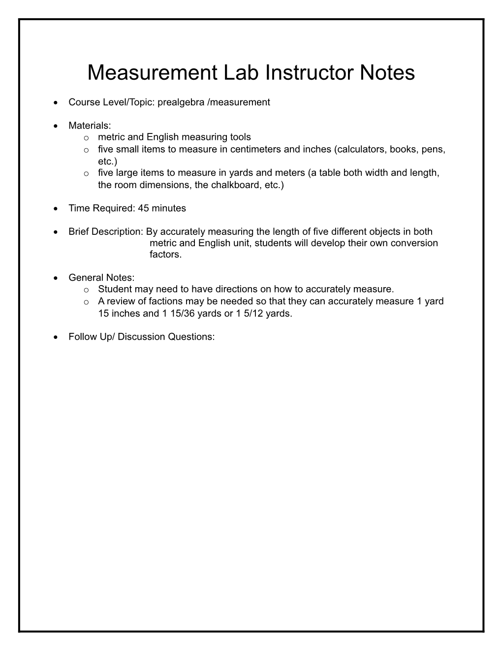 Measurement Lab Instructor Notes