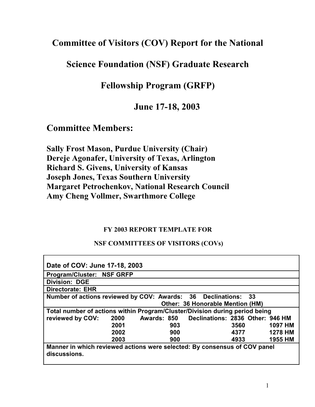 The Committee of Visitors for the NSF Graduate Research Fellowship Program (GRFP) Met On