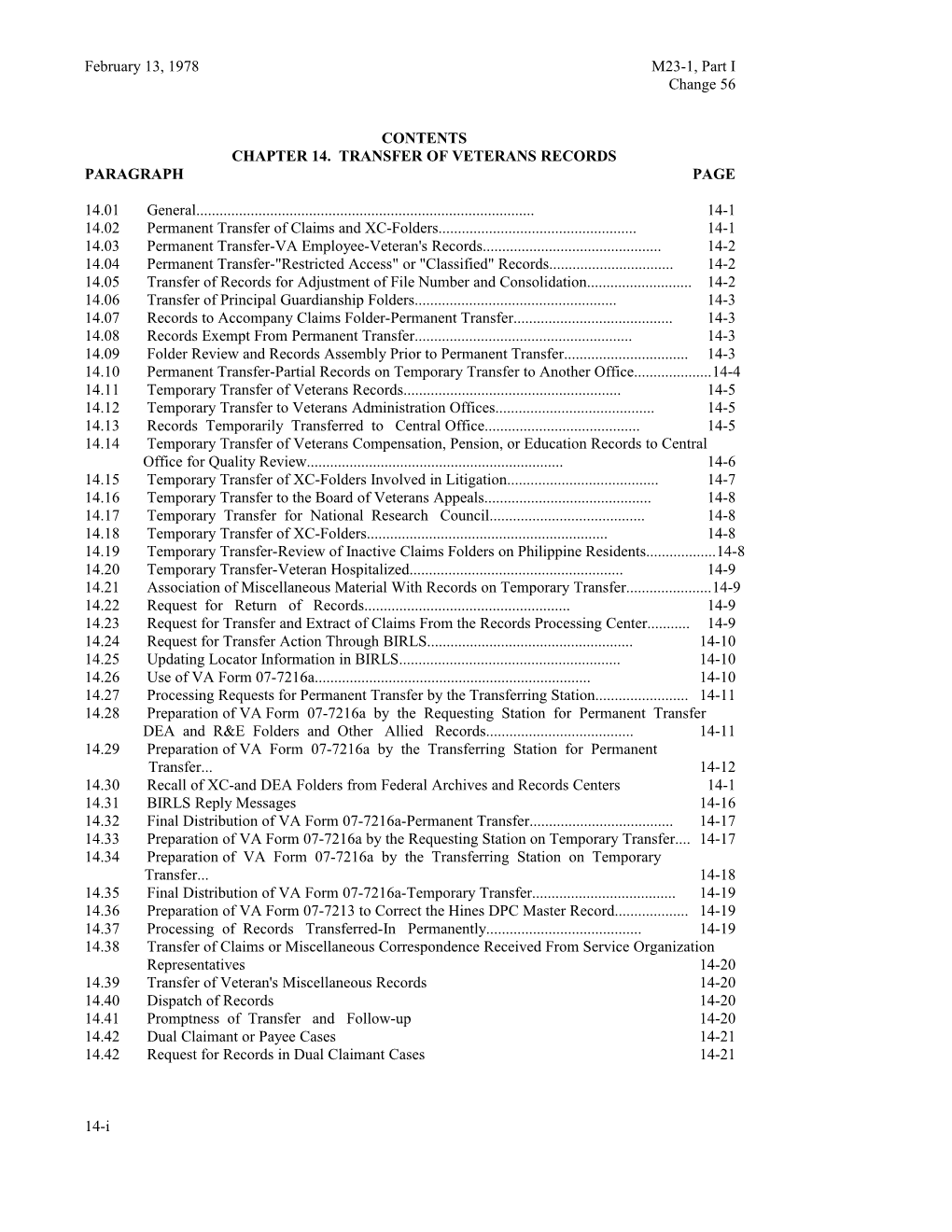 Chapter 14. Transfer of Veterans Records