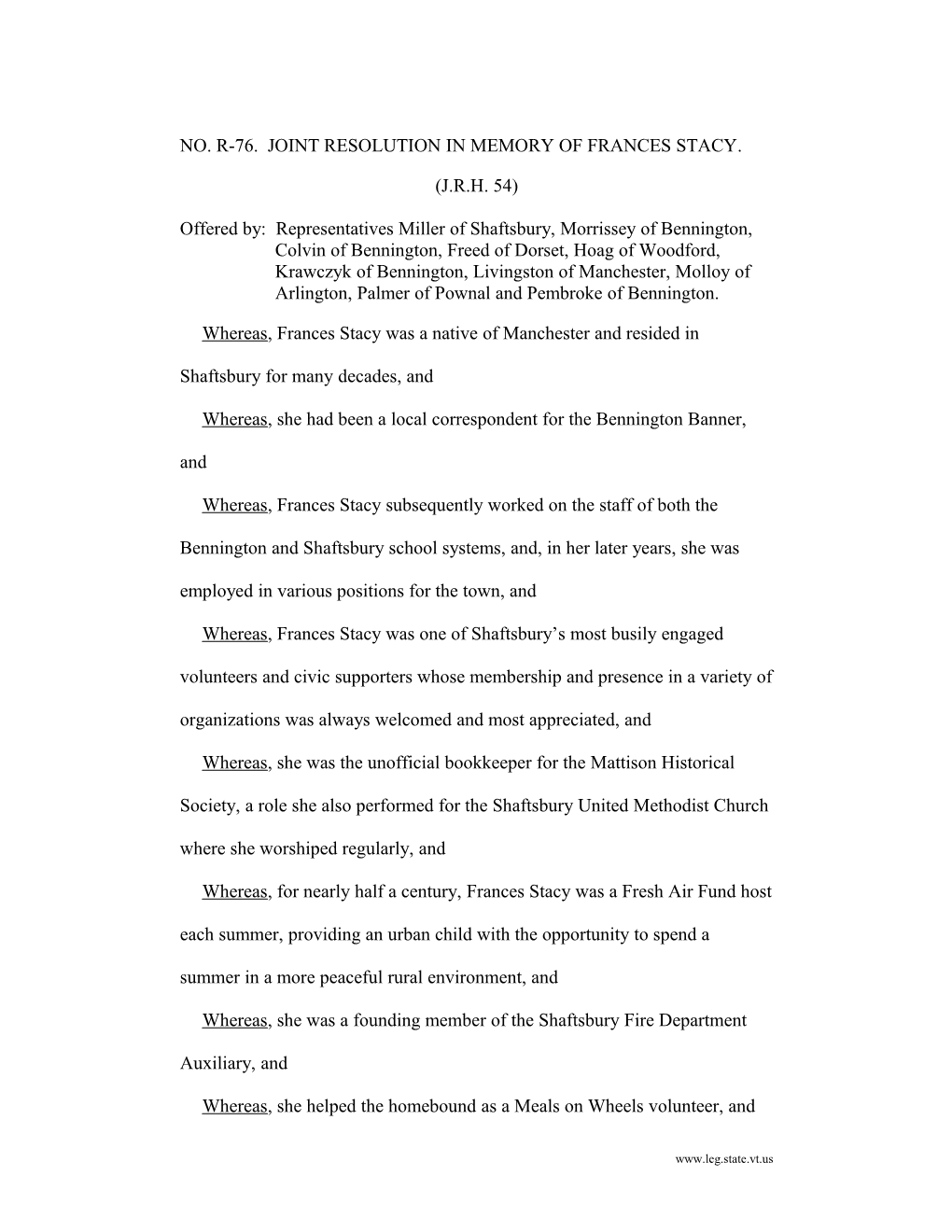 NO. R-76. JOINT RESOLUTION in Memory of Frances Stacy