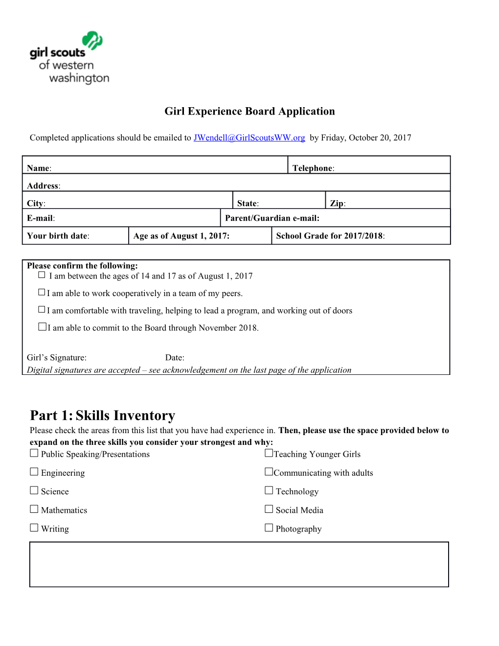 Girl Experience Board Application