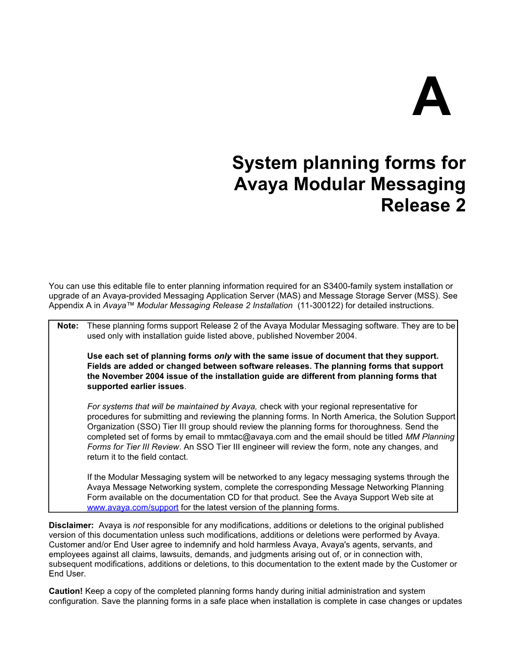 Avaya Modular Messaging Release 2 System Planning Forms - 1