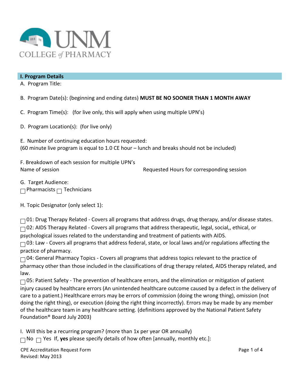 CPE Accreditation Request Form Page 1 of 4