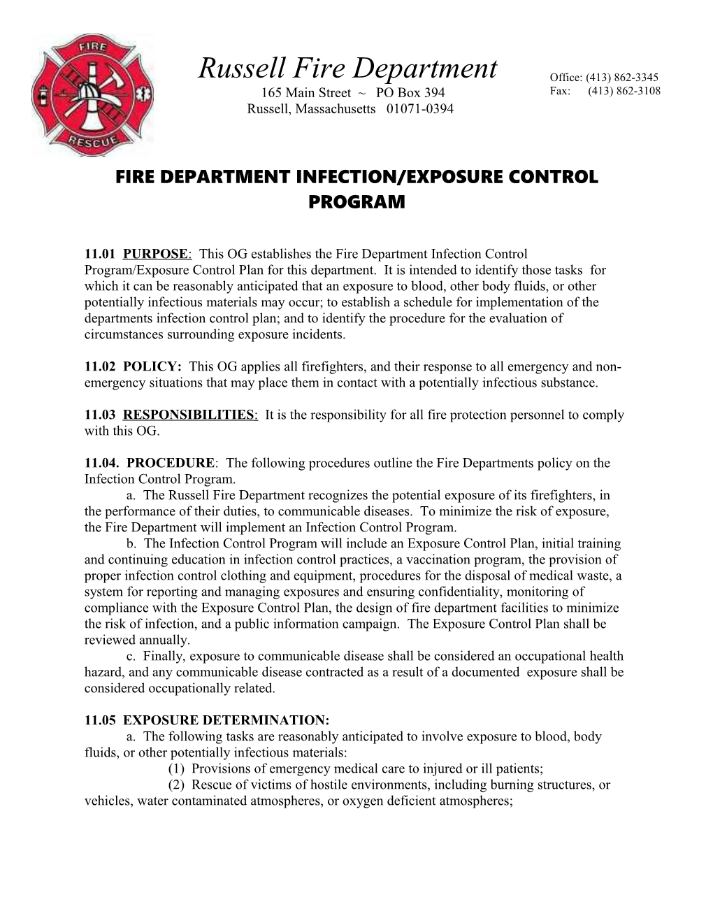 Fire Department Infection/Exposure Control Program
