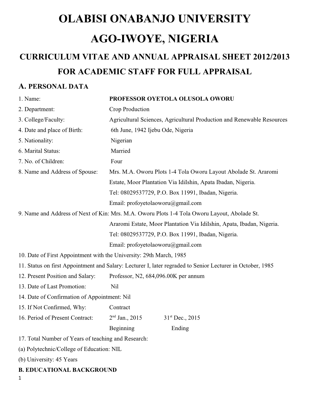 Curriculum Vitae and Annual Appraisal Sheet 2012/2013 Foracademic Staff for Full Appraisal