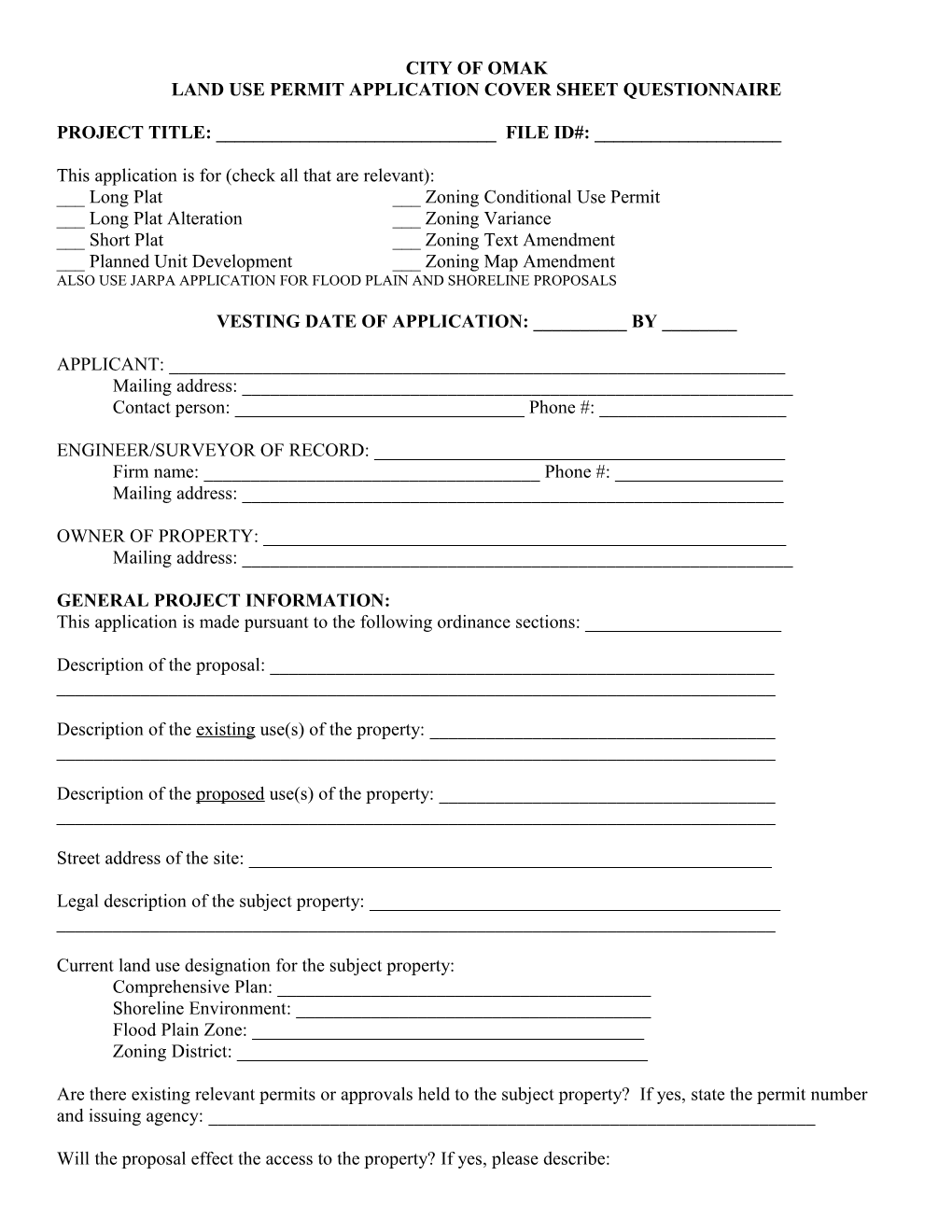 Land Use Permit Application Cover Sheet Questionnaire